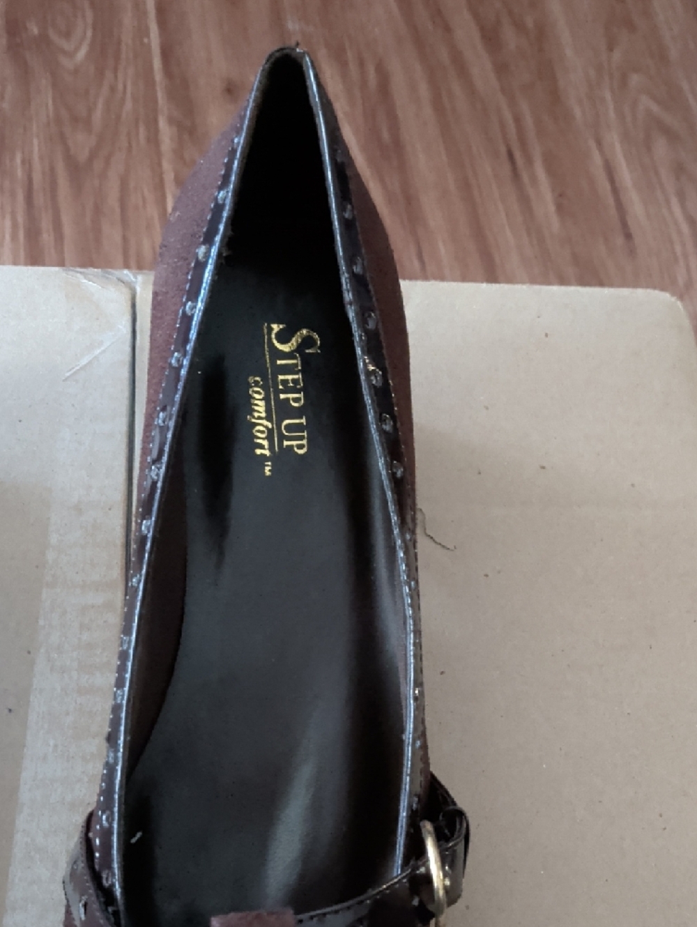 Step Up Comfort Women's Brown Suede Heels with Patent Trim - Picture 5 of 6